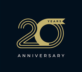 20 Years Anniversary with ribbon design vector illustration. Unique 20 years logo design template. In gold color