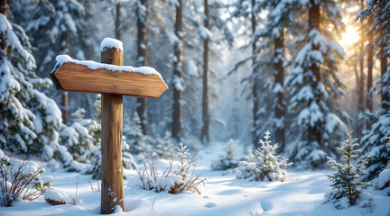 Wooden signpost covered in snow in a winter forest landscape