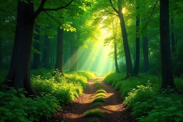 Obraz premium Winding Forest Path A Journey to Tranquility ? Sunlight Dapples Leaves on a Peaceful Trail Leading to an Unseen Destination