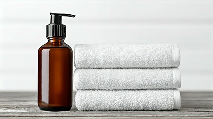 Amber glass bottle and stack of white towels.