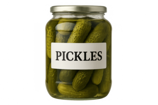 Pickled cucumbers stored in labeled glass jar, showcasing fresh preserved vegetables against transparent backdrop