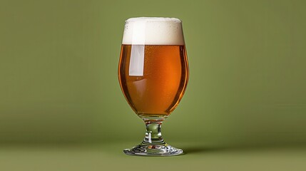 Amber Beer in a Clear Glass on Green Background