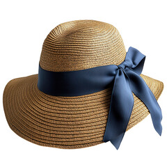 Elegant straw sun hat with a wide brim and a navy blue satin ribbon tied in a bow isolated on transparent background