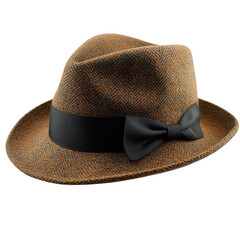 A stylish brown herringbone fedora hat with a black ribbon and bow isolated on transparent background