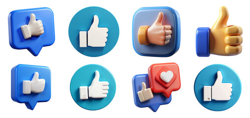 Set of thumbs up png 3d illustration transparent background, social media reaction png, like button, like icon