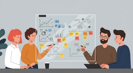 Collaborative Team Dynamics: Business Strategy Session on a Transparent Board,Creative Brainstorming: Agile Project Planning and Visual Collaboration in a Modern Office