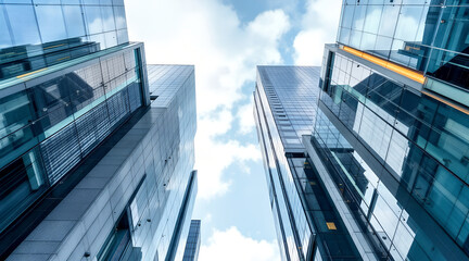 Modern architecture featuring glass skyscrapers reaching towards a cloudy sky in urban setting