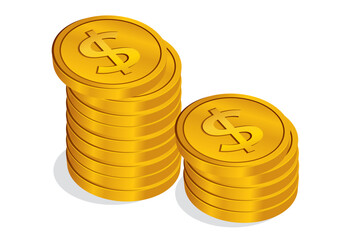 Two stacks of shiny gold coins prominently displaying dollar signs, representing wealth accumulation and financial success on a clean background