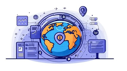 Digital illustration of a globe with location pins and graphs, symbolizing global connectivity and data - Powered by Adobe