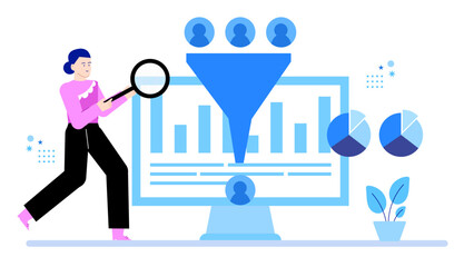 Woman analyzing data with a funnel chart. Perfect for presentations, reports, business articles, marketing materials, and data analysis concepts.