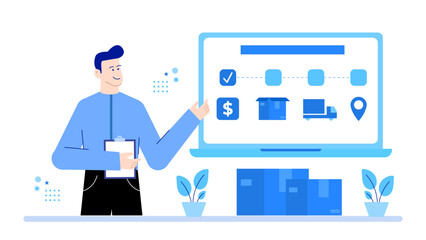 Man showing shipping process diagram on laptop. Suitable for logistics presentations, supply chain articles, ecommerce blogs, business reports.