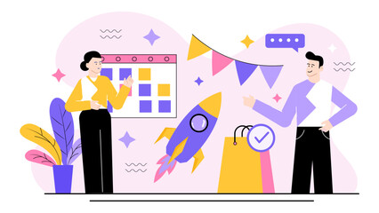 Two people strategically plan a product launch event using a calendar, ideal for marketing and businessrelated concepts and designs.