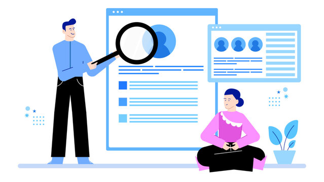 Recruiter reviews candidate profile online. Suitable for job search, hiring, recruitment, HR concepts in presentations, websites, and publications.