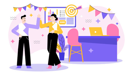 Two coworkers celebrating a goal achieved, suitable for teamwork, success, celebration, office, business, happiness, partnership, achievement concepts.