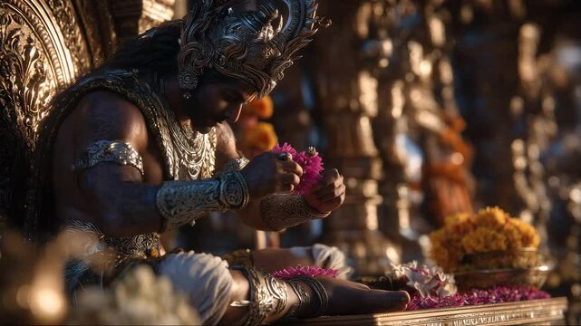 Photorealistic depiction of a divine figure in a serene moment, placing offerings with reverence, evoking a sense of spirituality and devotion. Inspired by Hindu mythology.