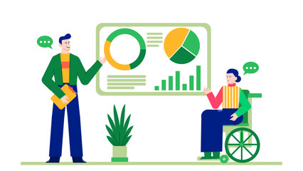 Presentation featuring charts and a man and a woman in wheelchairs. Illustrating inclusivity, diversity, and accessibility in business or education presentations.