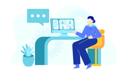 Person video conferencing at their desk. Suitable for remote work, online meetings, virtual communication, telecommuting, technology concepts, and business.