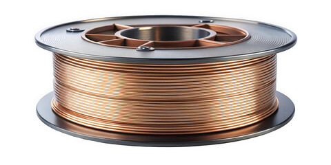 Close-up of a spool of copper wire, showcasing its intricate winding and metallic sheen, perfect for electrical projects and craftsmanship.