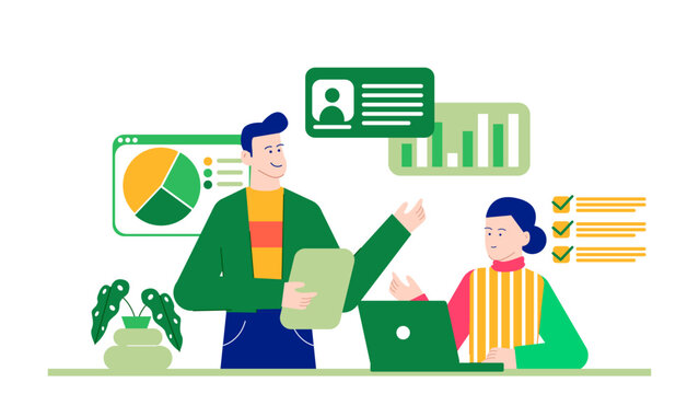 Two people presenting data and a checklist, suitable for business presentations, team collaboration, strategy planning, project reviews, and goal setting.