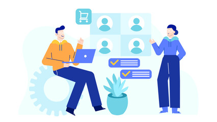 Online teamwork collaborating to plan a shopping strategy. Ideal for ecommerce, teamwork, retail, online shopping, strategy, planning, and collaboration concepts.