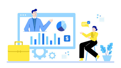 Online meeting displaying business graphs and charts for presentation. Suitable for digital marketing concepts or financial reports presentations.