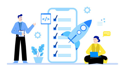 Project launch checklist featuring two people coordinating tasks. Ideal for business and project management concepts in presentations and marketing materials.