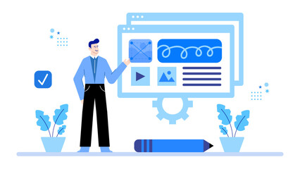 Ideal for web developers, designers, and tech presentations. Man showcasing website design elements like buttons, icons, and layouts.