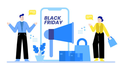 Black Friday sale announcement with excited people shopping, suitable for social media posts, website banners, and email marketing campaigns.