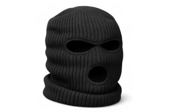 Black protective headwear covering face, representing anonymity and security risks