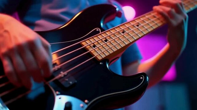 Close-up of Hands Playing a Bass Guitar Under Neon Lights