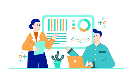Two colleagues present data charts, graphs, and a laptop during a meeting. Suitable for business presentations, teamwork concepts.