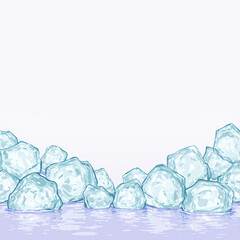 Ice cube background, drink, ice cube texture, feel the freshness and coolness of water from ice cubes, ice cubes on blue, Melting piece of ice on a white background with reflection.Generative ai