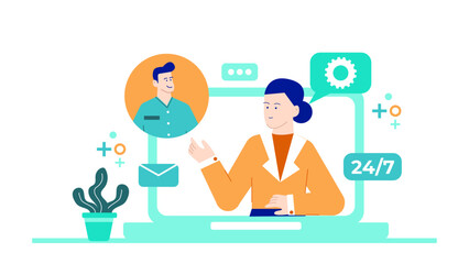 24/7 online customer service agent aiding a client via chat. Suitable for websites, customer service blog posts, online support content.
