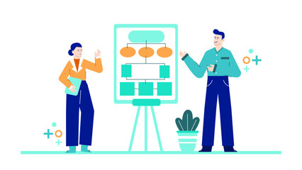 Two people displaying a flowchart, suitable for business presentations, team collaborations, project planning, strategy meetings, corporate training sessions.