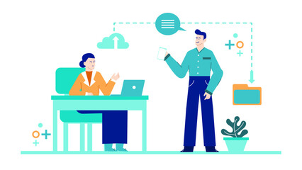 Two people discussing cloud storage, perfect for technology articles, blog posts, presentations, and social media graphics on data management.