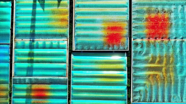 Aerial shot of agricultural greenhouse rooftops showcasing varied color and design