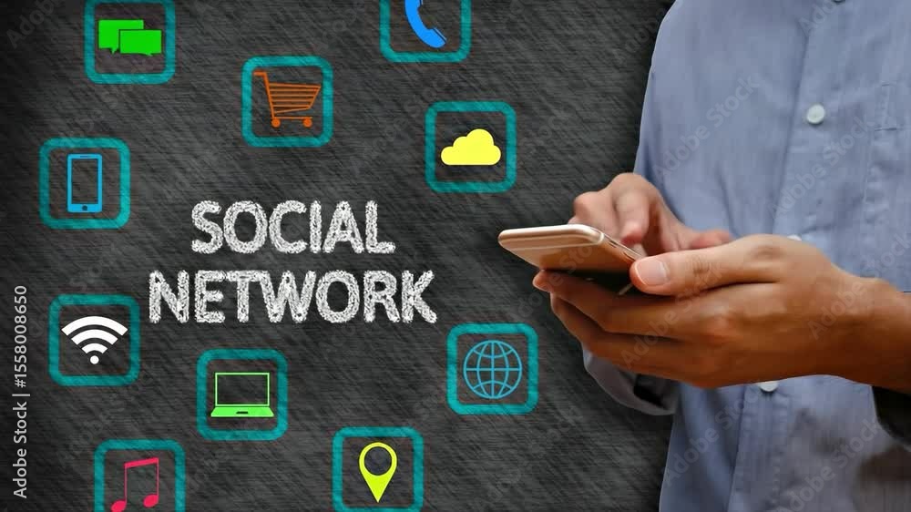 Poster man using smartphone with social network concept on a background with icons.