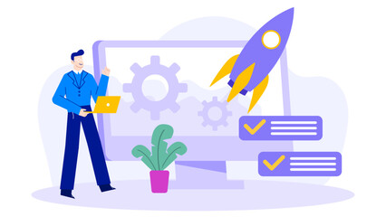 Man launching a project with gears and a rocket. Ideal for business, innovation, technology, and startup concept designs.