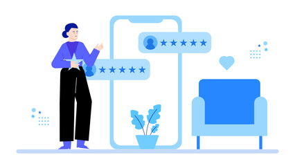 Woman looking at smartphone, showing a five star app review. Suitable for technology blogs, app review websites, or social media content.