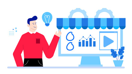 Man discussing online business data and video marketing ideas. Perfect for webinars, presentations, marketing materials, digital strategies, and business courses.