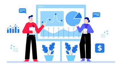 Business presentation featuring graphs and charts, ideal for demonstrating financial data, performance analysis or market trends in professional environments.