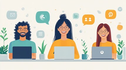 Flat illustration of friendly customer service team, smiling employees with phone and chat icons in soft colors, simple and friendly design, modern business communication and support concept.
