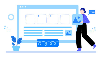 Person organizing website layout with images suitable for web design, digital marketing, graphic design, website development projects.