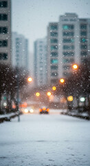Urban winter scene showing snowflakes falling over a snowy road, blurred buildings, and glowing traffic lights in the distance.