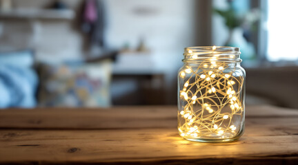 Glowing Fairy Lights in a Glass Jar on a Wooden Table