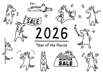 2026年 令和八年 午年 年賀 馬 キャラクター モノクロ イラストセット 冬・販促向け