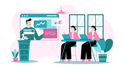 Two women attentively watching a mans online business presentation, suitable for corporate or virtual meeting concepts and educational materials.