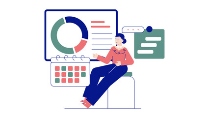 Ideal for business presentations, web design, technology concepts. Confident woman displaying information on a computer screen in a modern office.