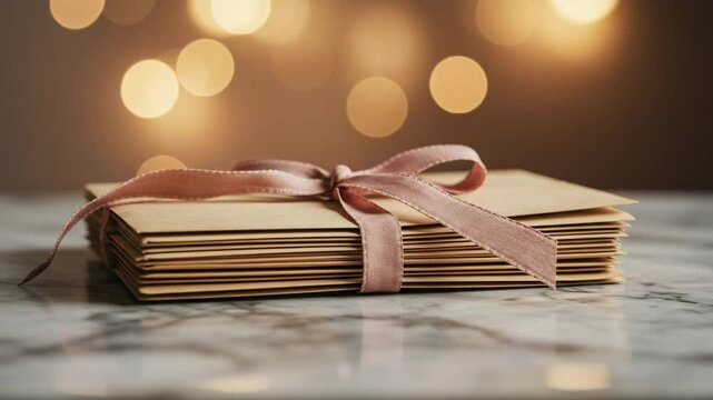 Stacked friendship letters tied with pink ribbon on marble table  
