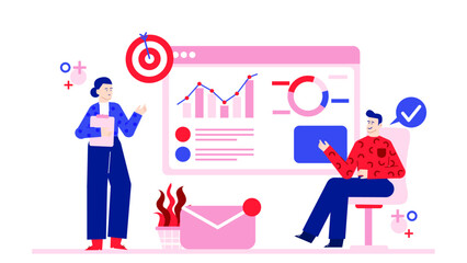 Two people analyzing business data and a target; perfect for presentations, publications, or articles related to business strategy and analysis.